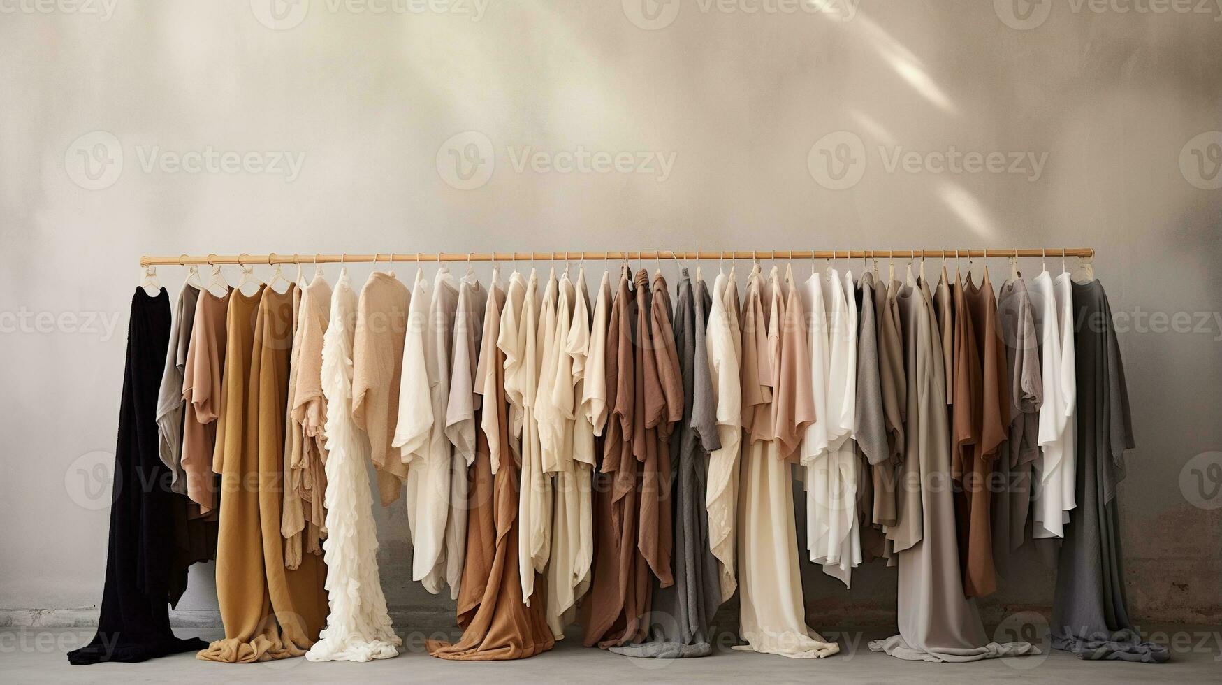 Generative AI, Cloth store aesthetic background, photo of clothes hanging on hangers, muted neutral colors