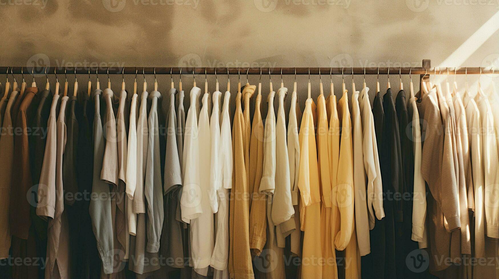 Generative AI, Cloth store aesthetic background, photo of clothes hanging on hangers, muted neutral colors