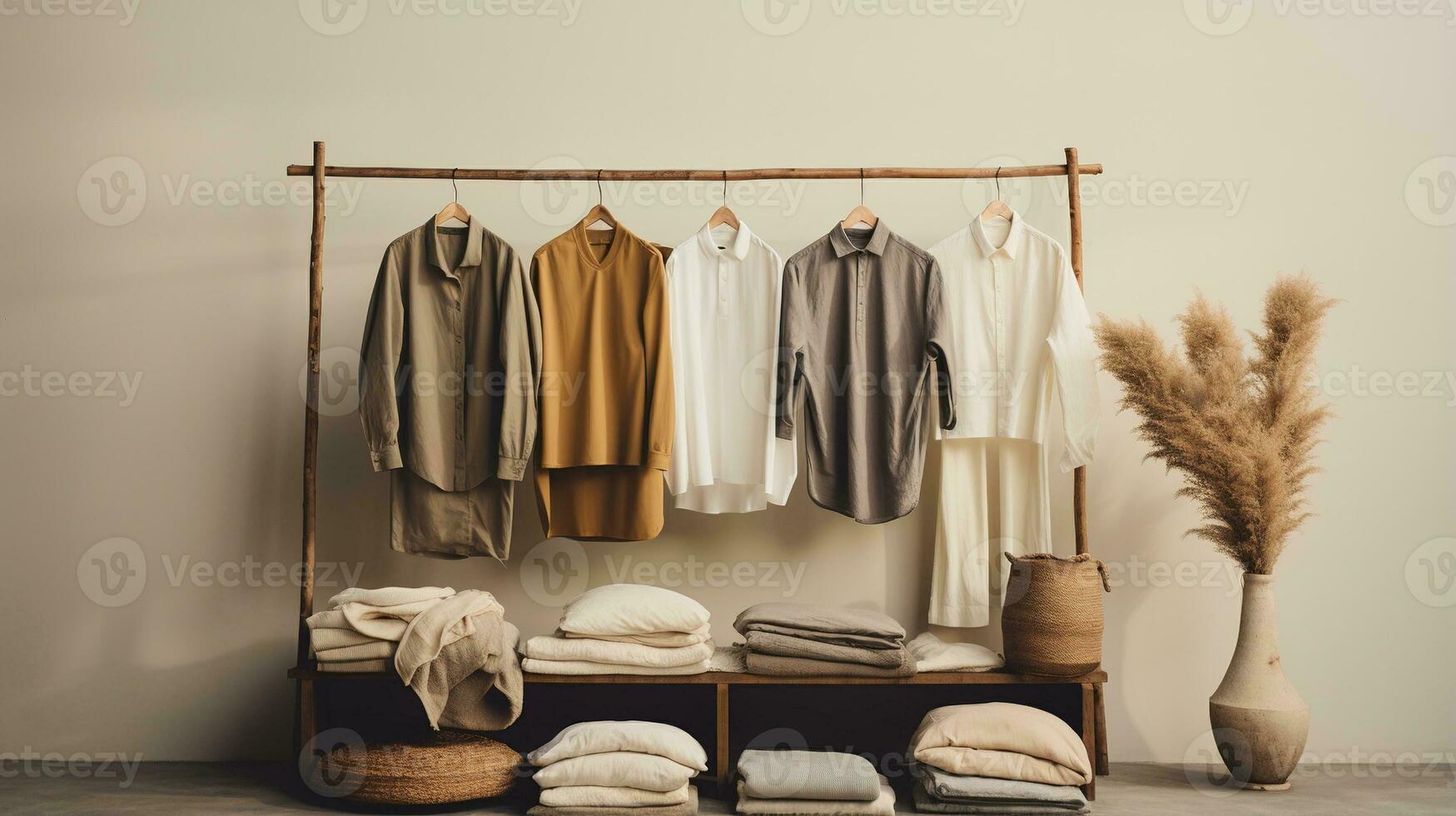 Generative AI, Cloth store aesthetic background, photo of clothes hanging on hangers, muted neutral colors