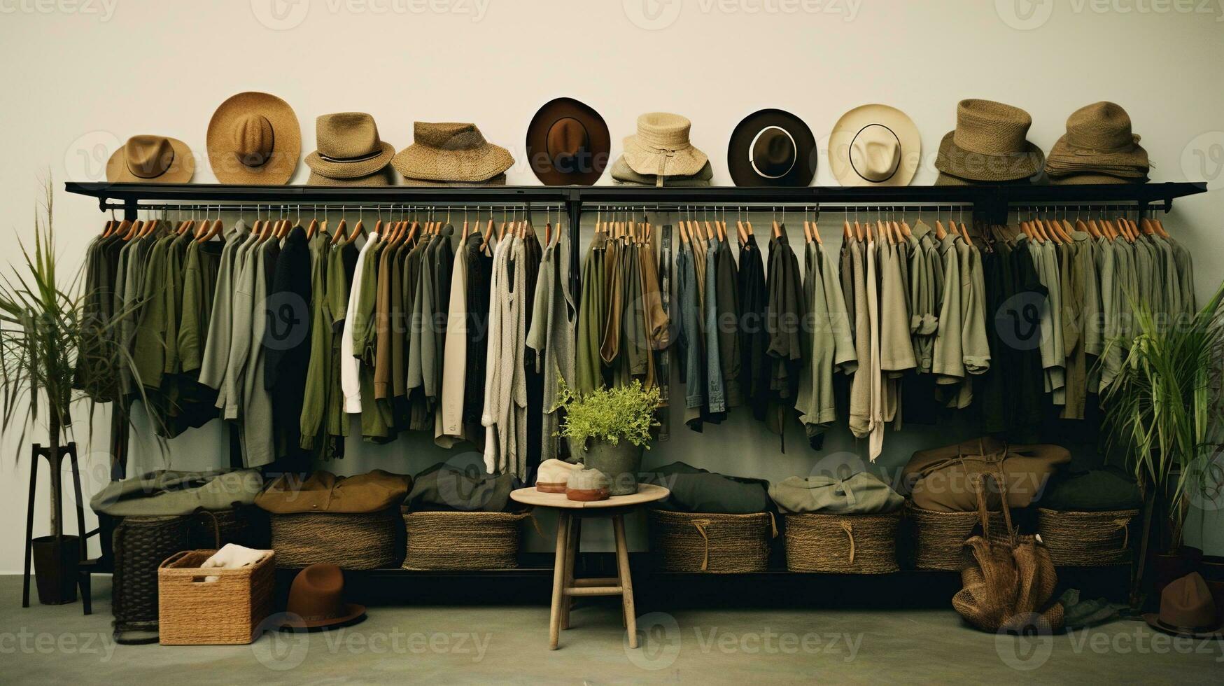 Generative AI, Cloth store aesthetic background, photo of clothes hanging on hangers, muted neutral colors