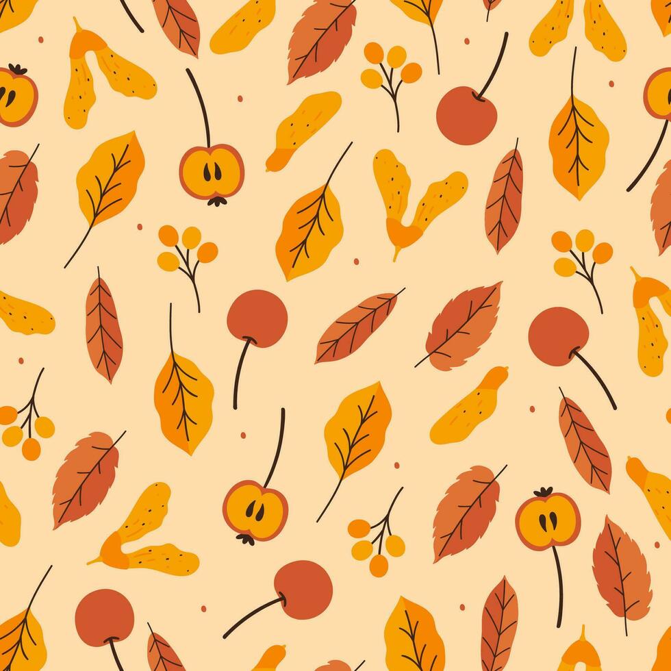 Seamless autumn pattern with mini apples, leaves, seeds and berries. Vector graphics.