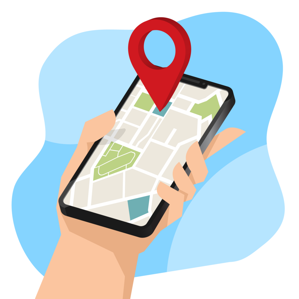 Hand holding mobile smart phone with Location mobile app. png