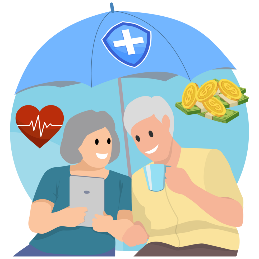 Elderly health protect life. Happy senior couple select protect health and life app from Tablet png