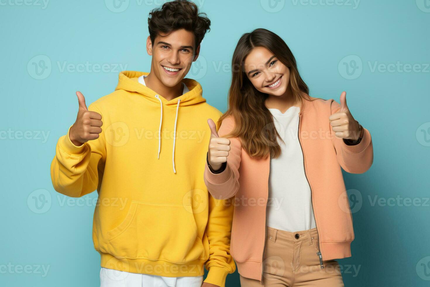 Portrait of teenagers showing thumb-up on color background. AI Generated photo
