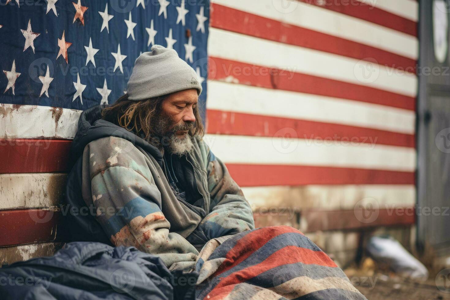 Homeless man sleeps on the pavement in the USA, hiding behind the American flag. AI Generated photo