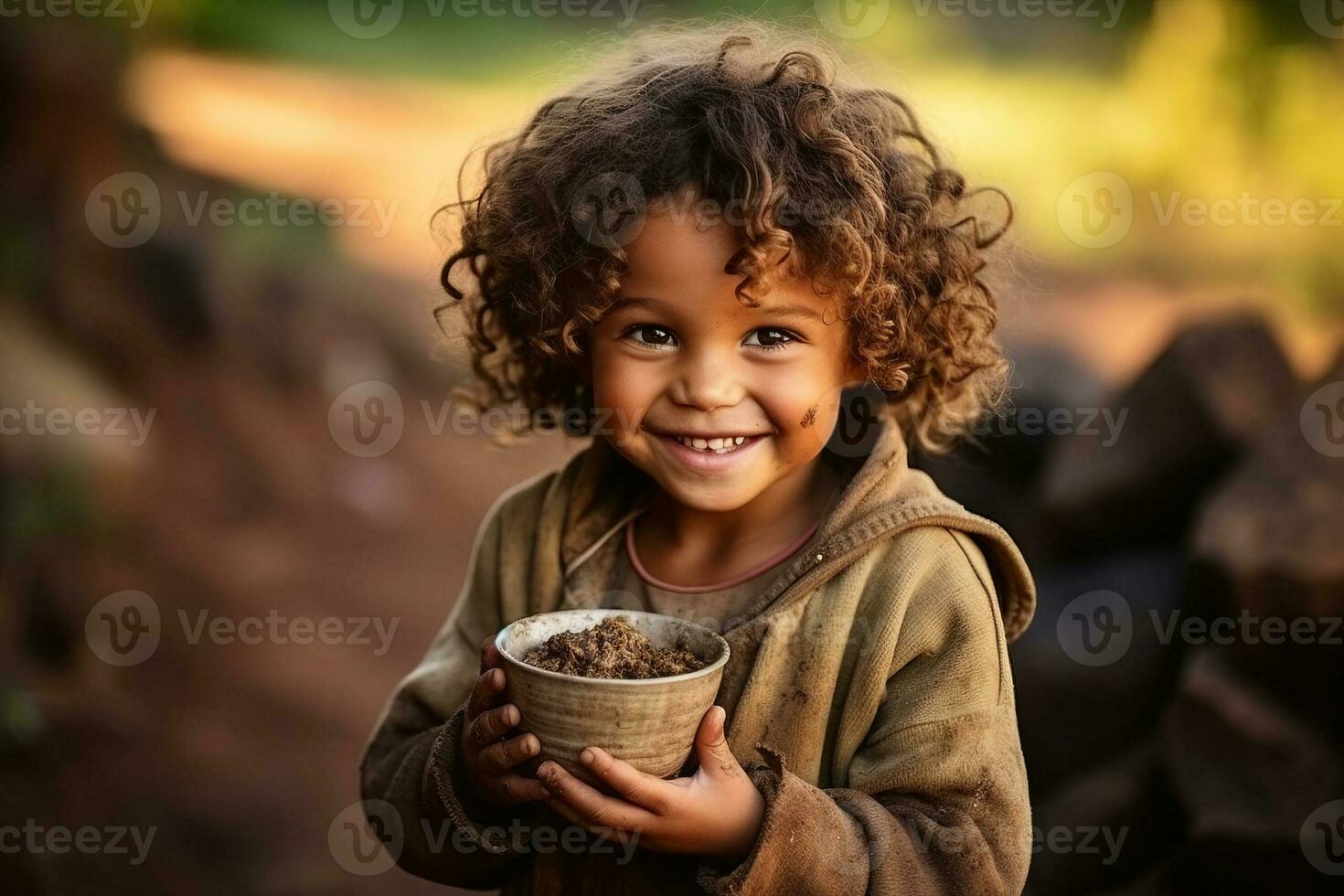 Drought, lack of water problem. Laughing child in Africa close-up with mug of water. AI Generated photo