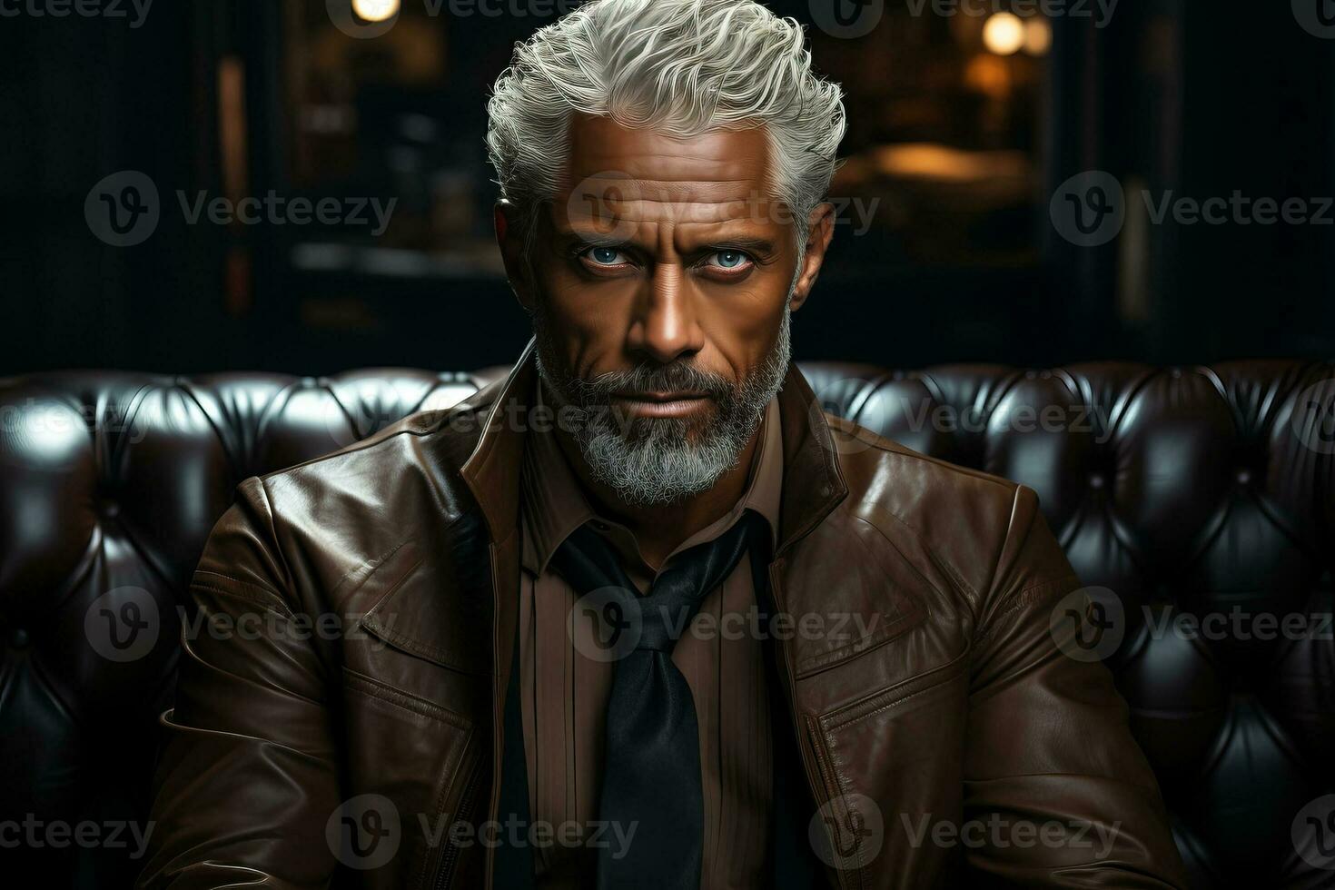 dark-skinned handsome guy with white hair and blue eyes standing on a dark background with a serious facial expression in brown clothes . AI Generated photo