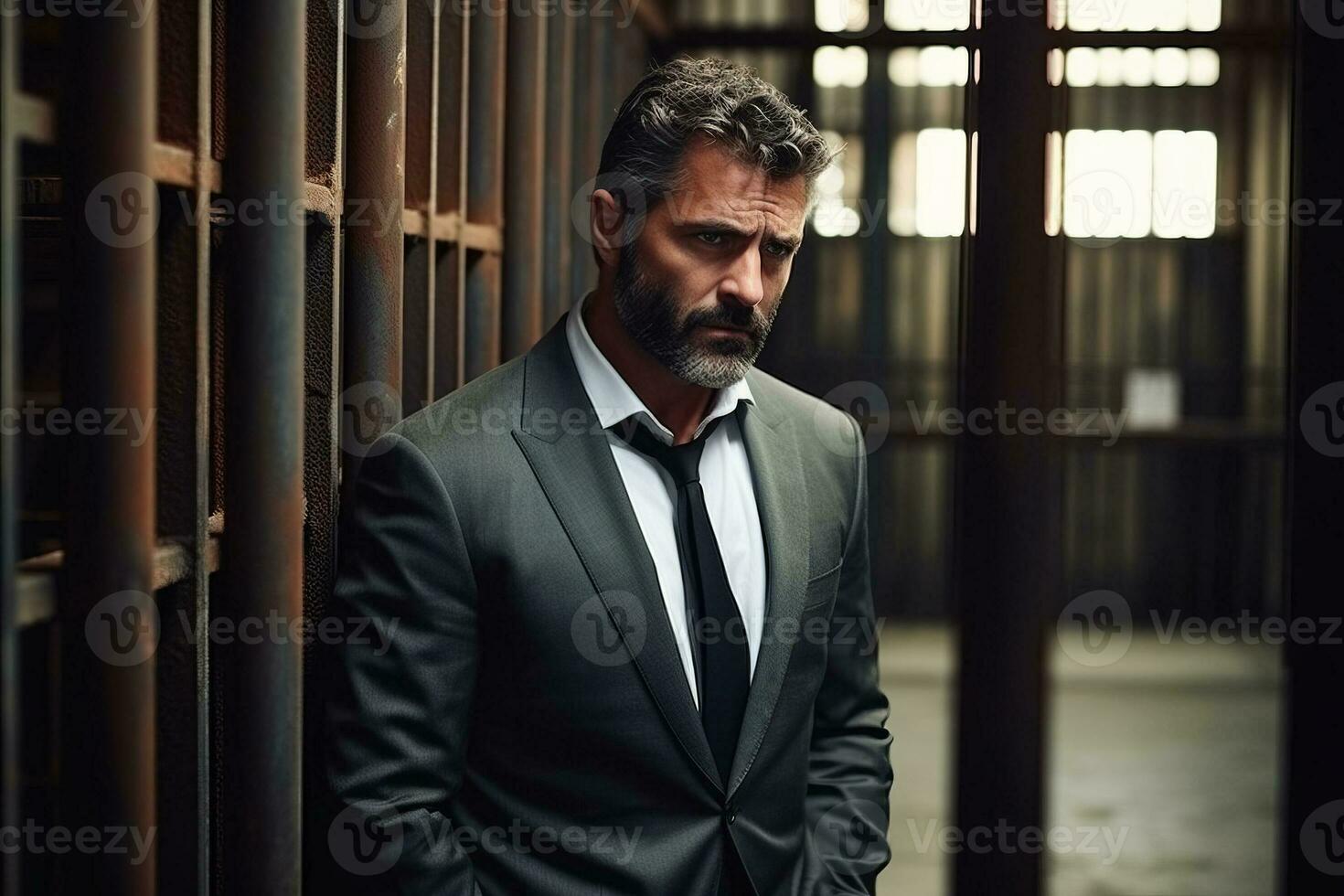 The businessman got out of prison with his things and is thinking about what to do next. A man stands near the exit from the prison. AI Generated photo