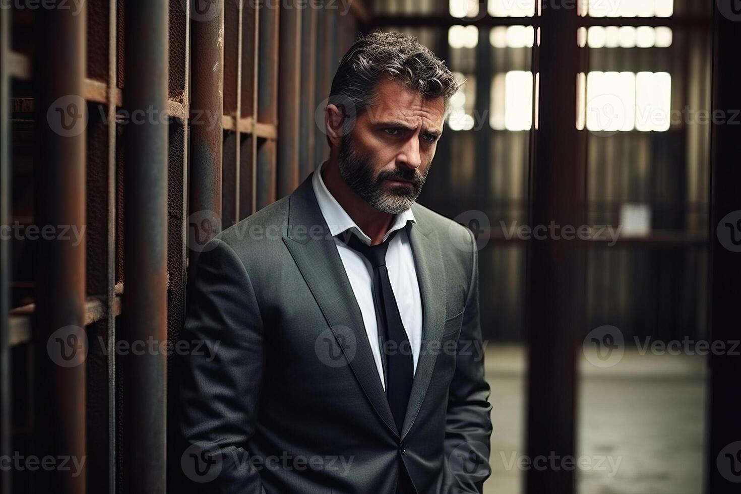 The businessman got out of prison with his things and is thinking about what to do next. A man stands near the exit from the prison. photo