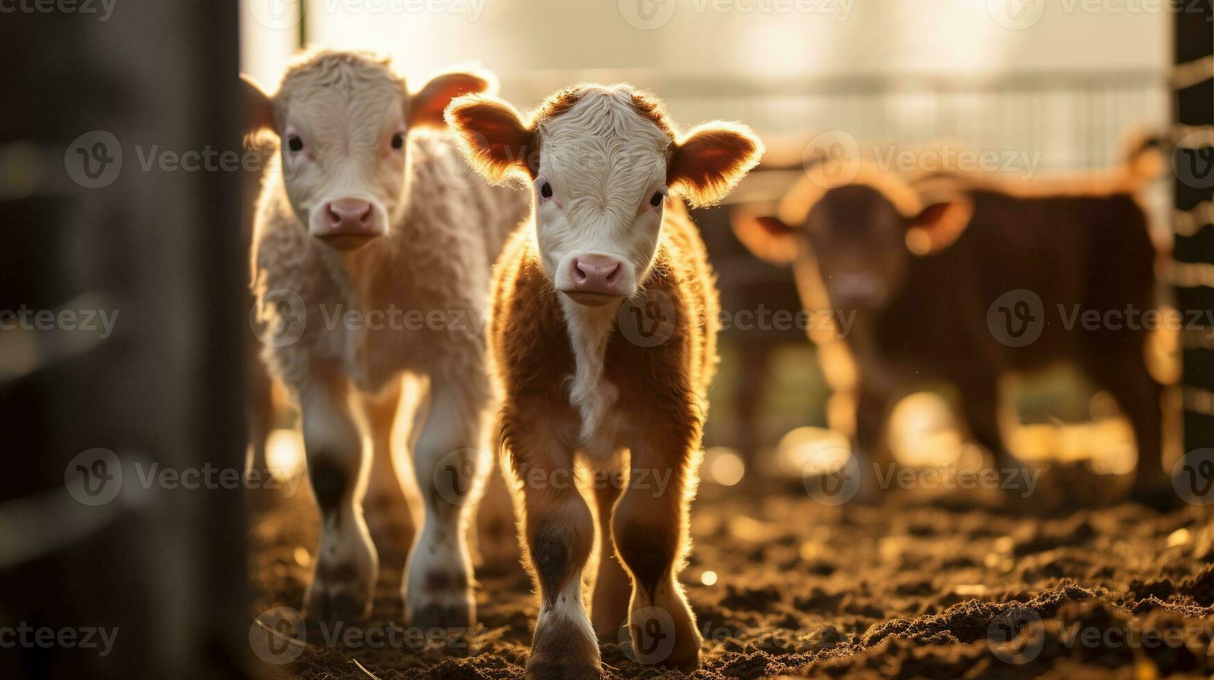 generativo ai, pequeño terneros mirando a el cámara en un granja, bebé vacas foto