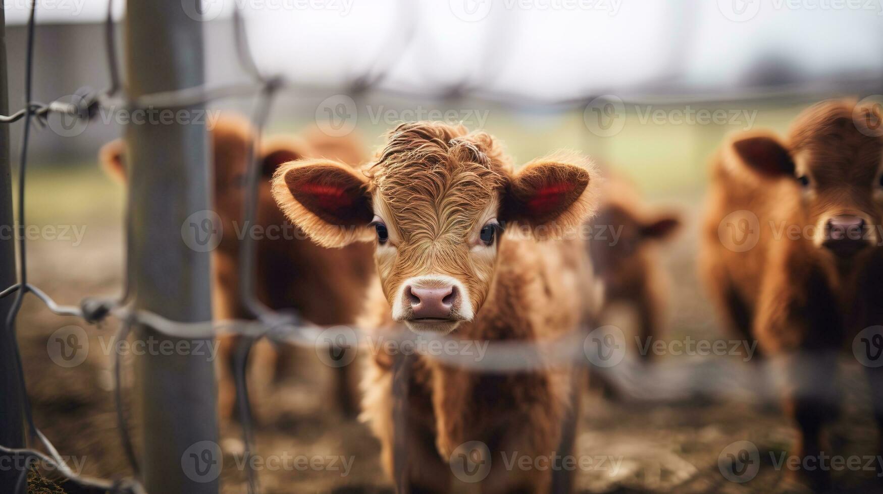 generativo ai, pequeño terneros mirando a el cámara en un granja, bebé vacas foto