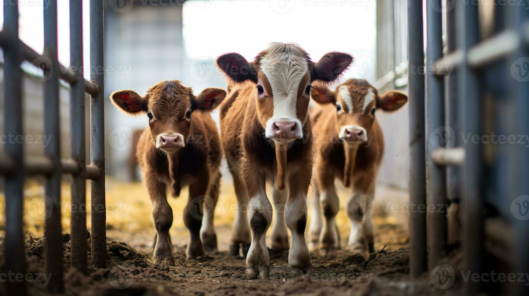 Generative AI, little calfs looking at the camera on a farm, baby cows photo