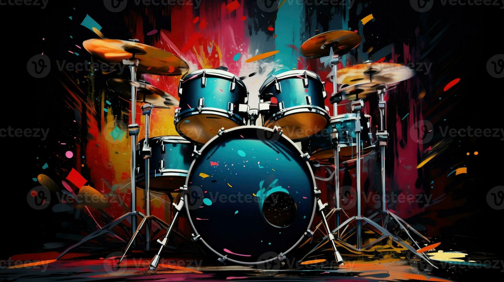 Generative AI, Jazz music street art with drums musical instrument silhouette. Ink colorful graffiti art on a textured wall, canvas background photo