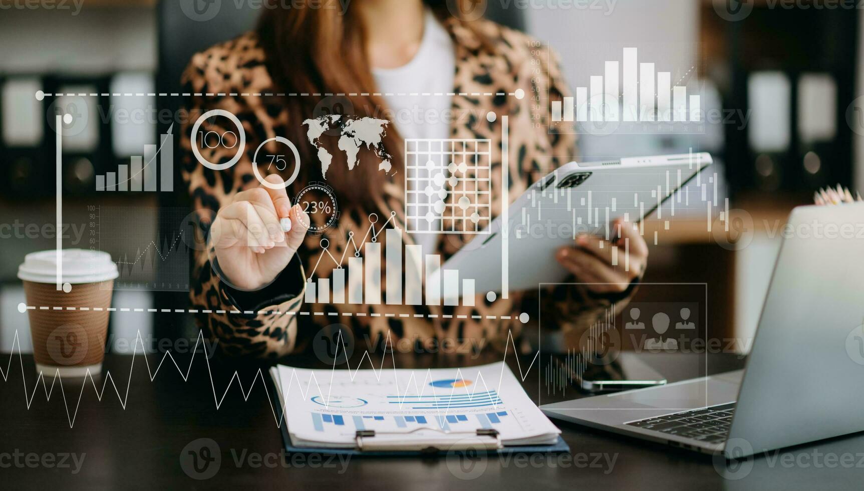 Intelligence and business analytics with dashboard concept.Website designer working in come digital tablet computer laptop.and smart phone. in office photo