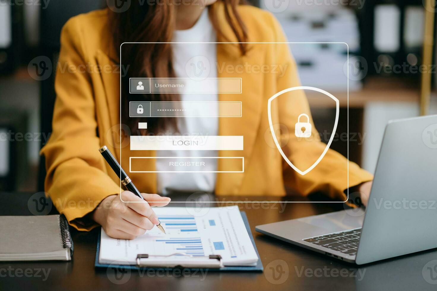 Cyber security concept, Login, User, identification information security and encryption, secure access to user's personal information woman using smart phone and tablet photo