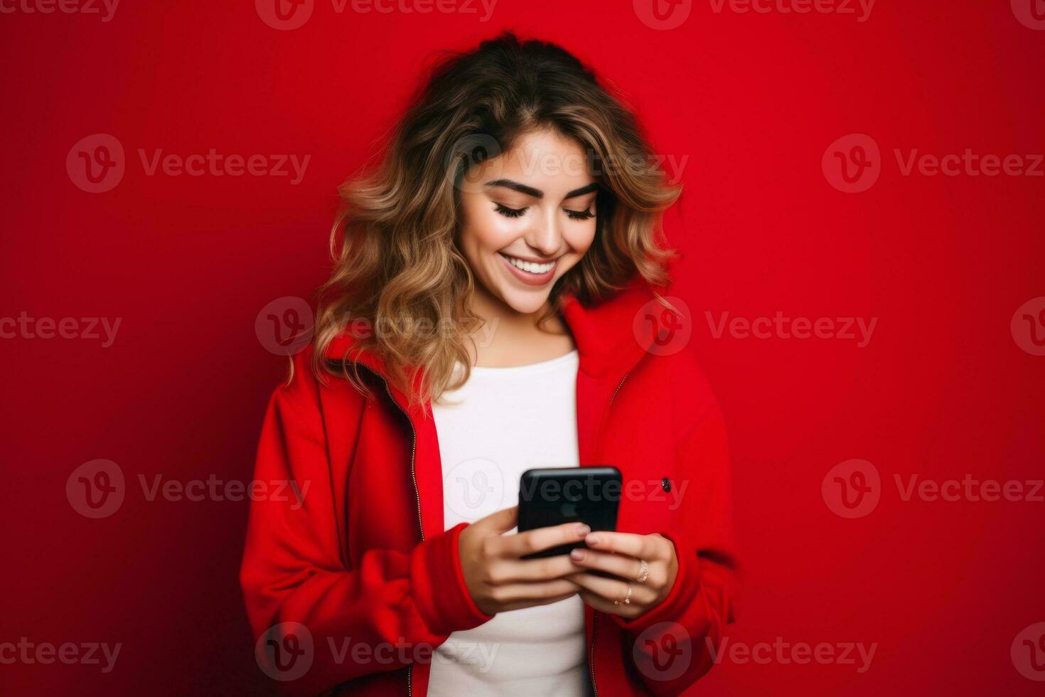 woman with phone on red background. AI Generated photo