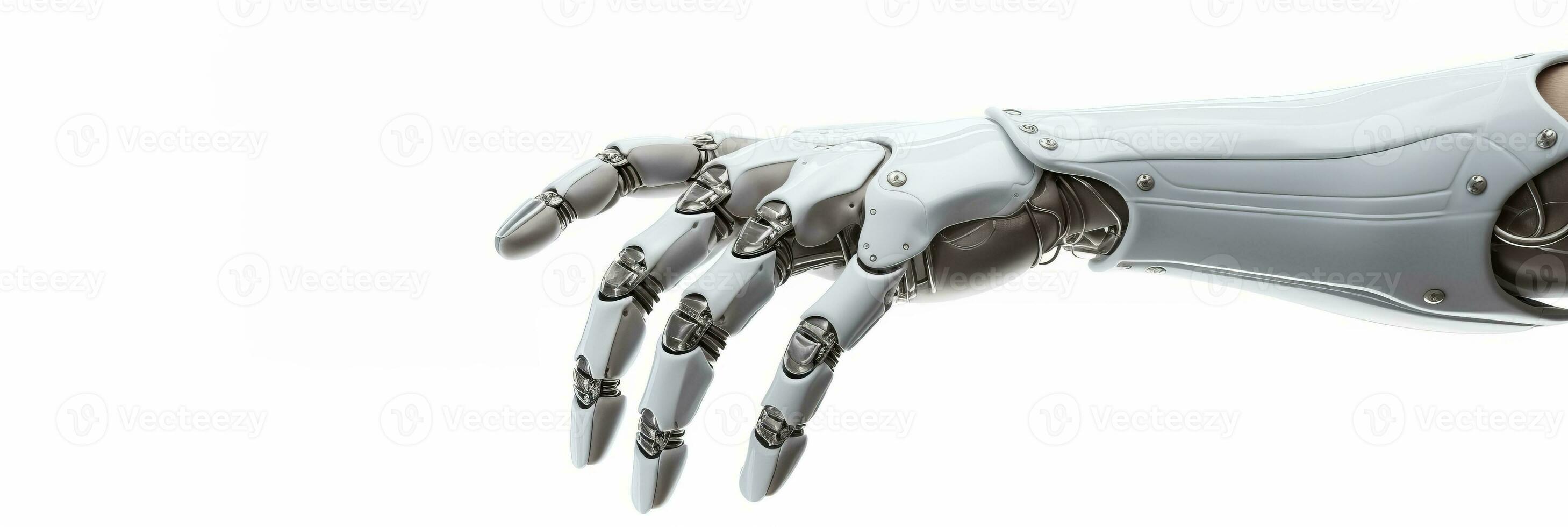 cyborg mano dedo señalando, tecnología de artificial inteligencia. acero futurista brazo, tipo de biónico brazo con similar funciones a un humano brazo aislado en blanco. con Copiar espacio. ai generado foto