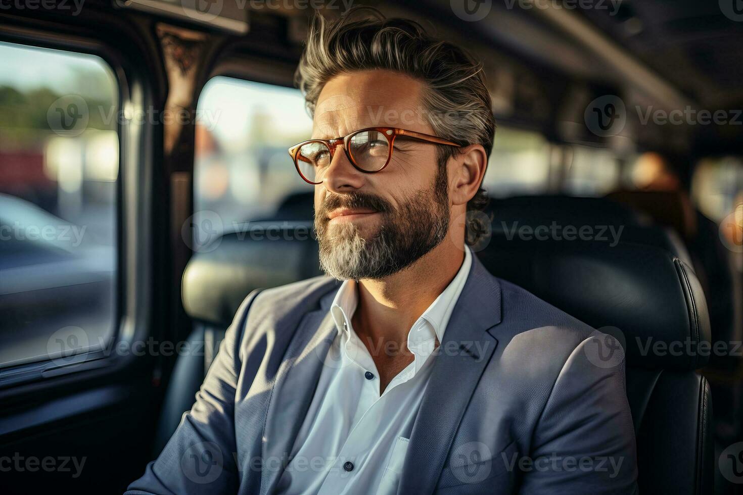 Attractive elegant happy man in good car. AI Generated photo