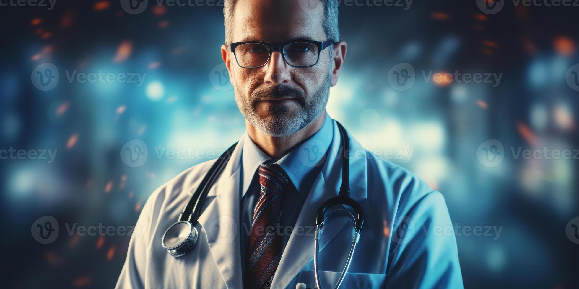 Medicine doctor with stethoscope and icon health care on virtual interface and patients. AI Generated photo