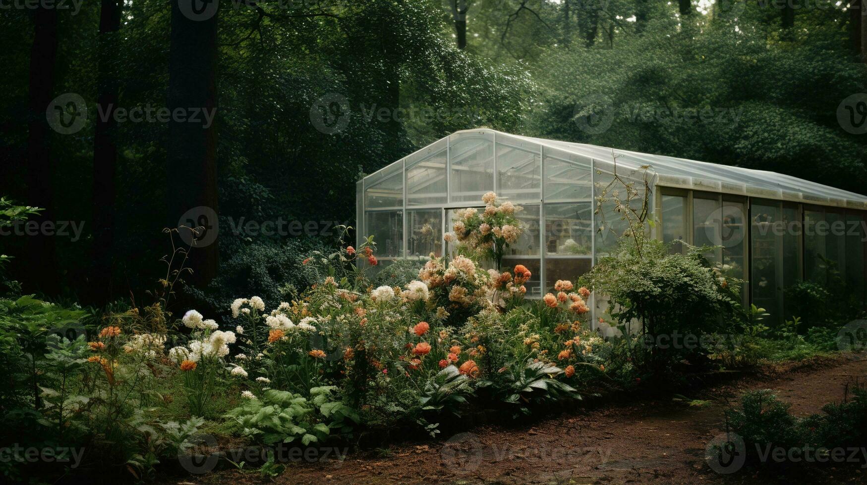 generativo ai, hermosa estético privado jardín con muchos flores y plantas, naturaleza paisaje, apagado neutral colores foto