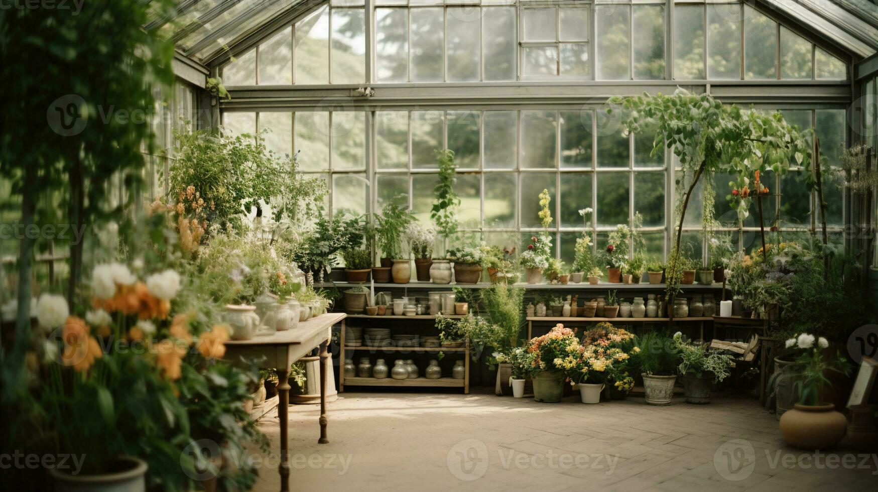 generativo ai, hermosa estético privado jardín con muchos flores y plantas, naturaleza paisaje, apagado neutral colores foto