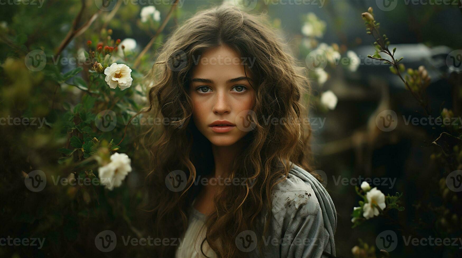 generativo ai, hermosa niña con No hacer arriba en el otoño jardín, estético, apagado neutral colores foto