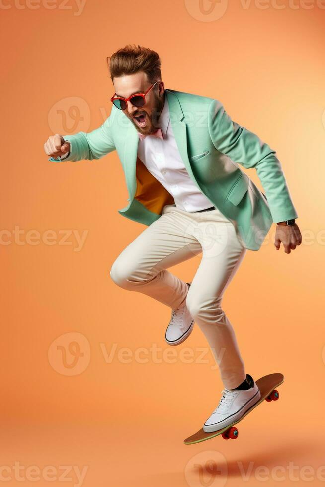 Young handsome funny man with glasses, brown hair and beard, wearing light grey suit and sneakers, jumping with the skateboard on color studio background. AI Generated photo