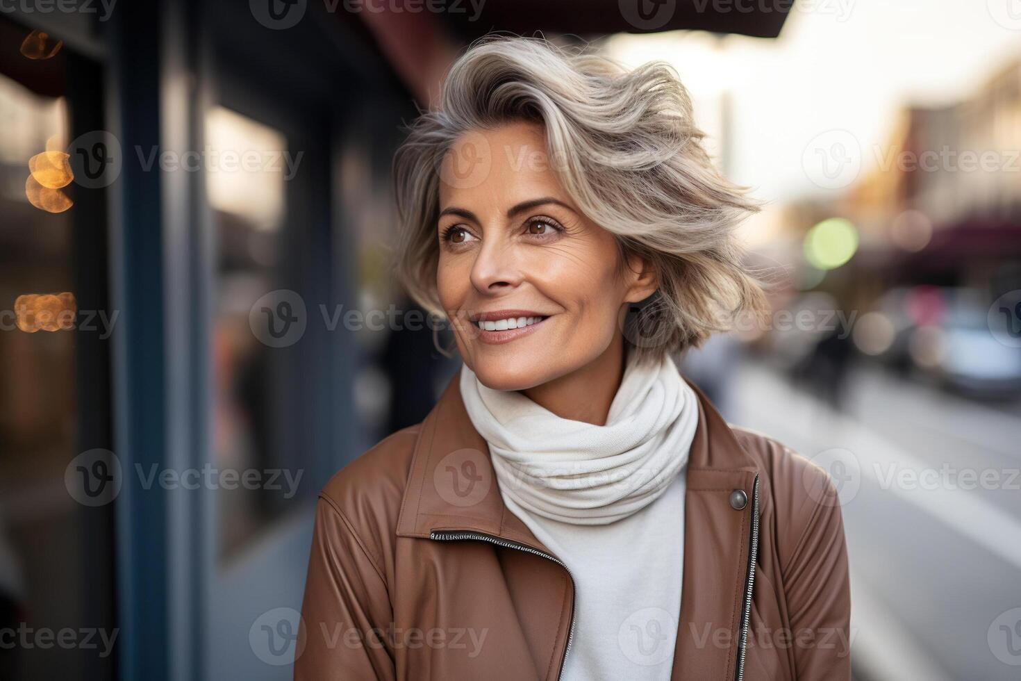 attractive mature woman in the city. AI Generated photo