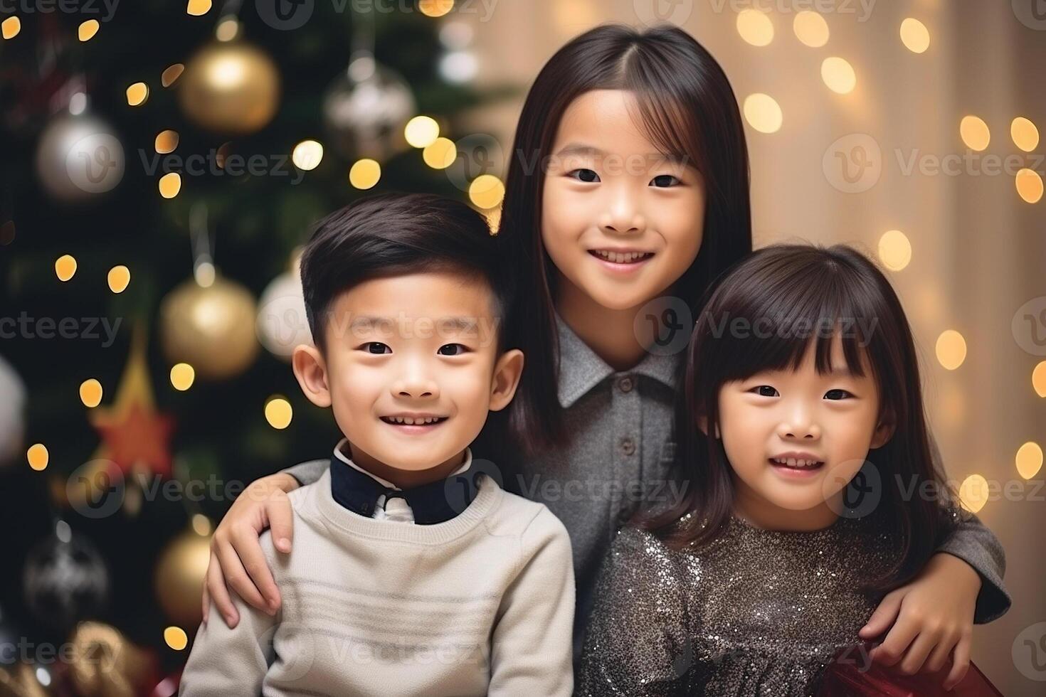 happy children sitting by the Christmas tree in the living room smiling. AI Generated photo