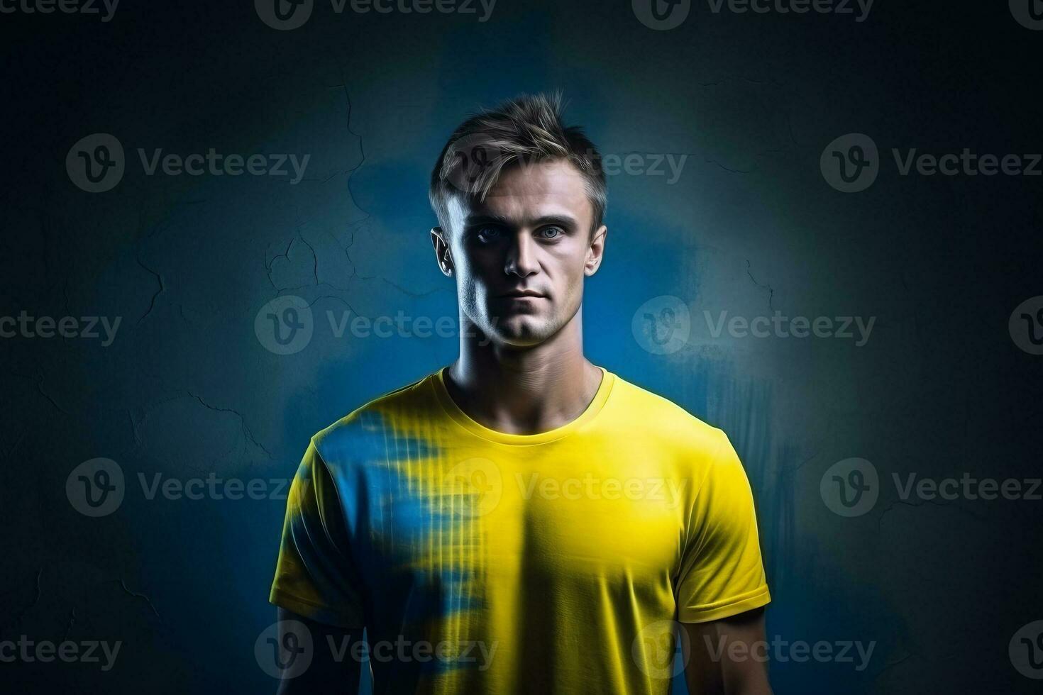 A man wearing a tee shirt with a Ukraine flag on it. AI Generated photo