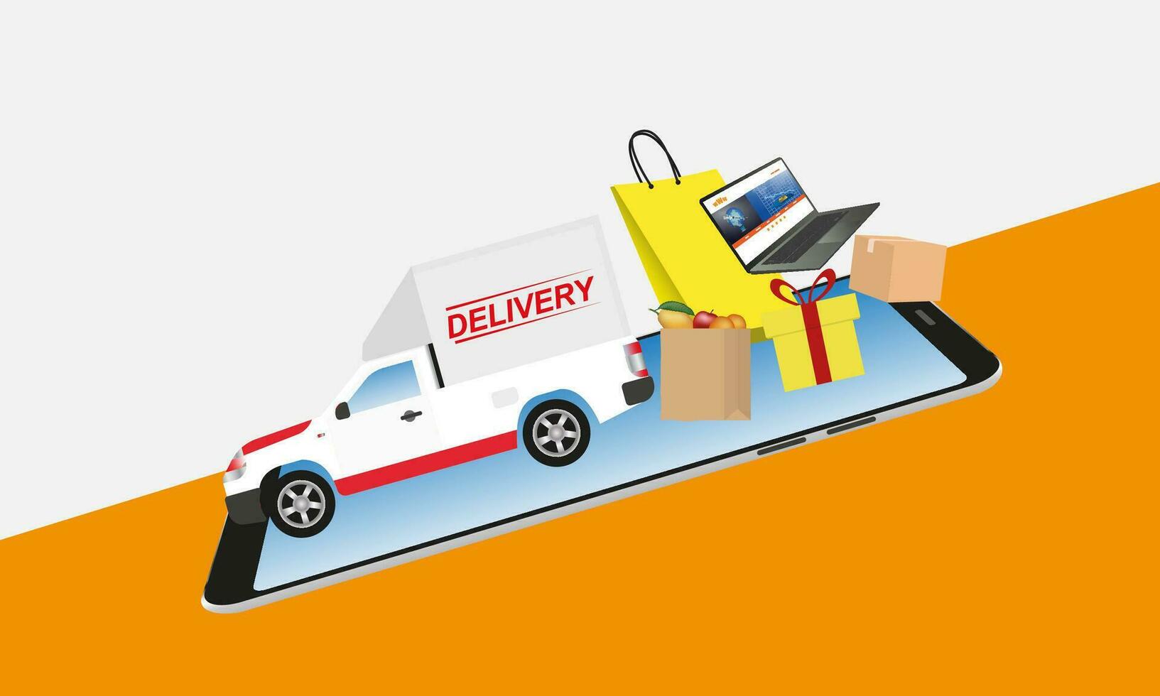 mobile shopping online ordering baskets and delivery vehicles. Illustrations are used for making advertising materials about selling things through the Internet. vector