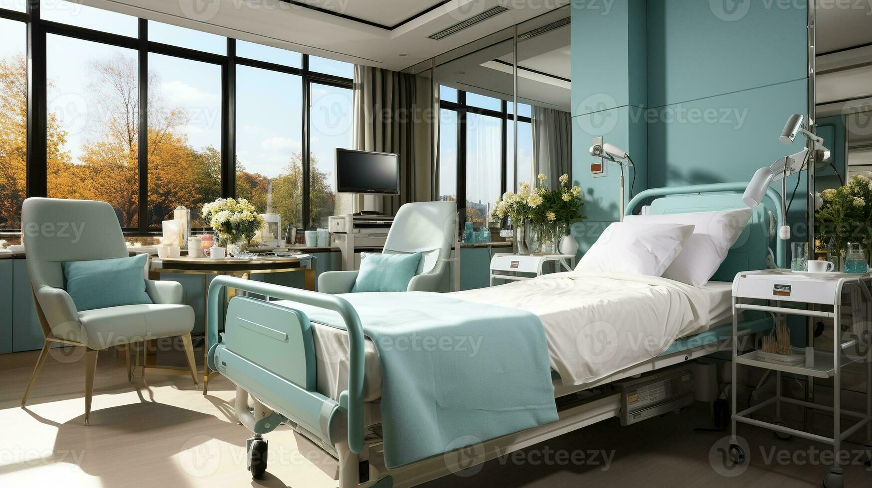 Generative AI, Recovery room with comfortable bed, medical interior, empty hospital room. photo