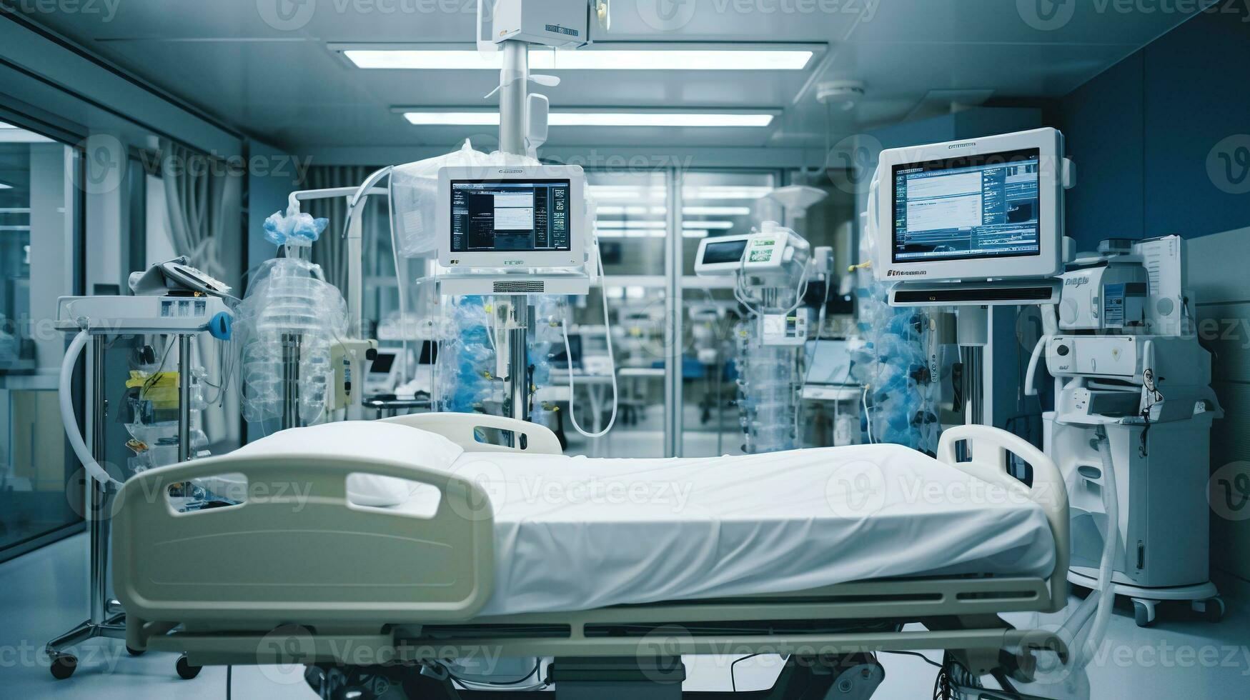 Generative AI, Recovery room with comfortable bed, medical interior, empty hospital room. photo