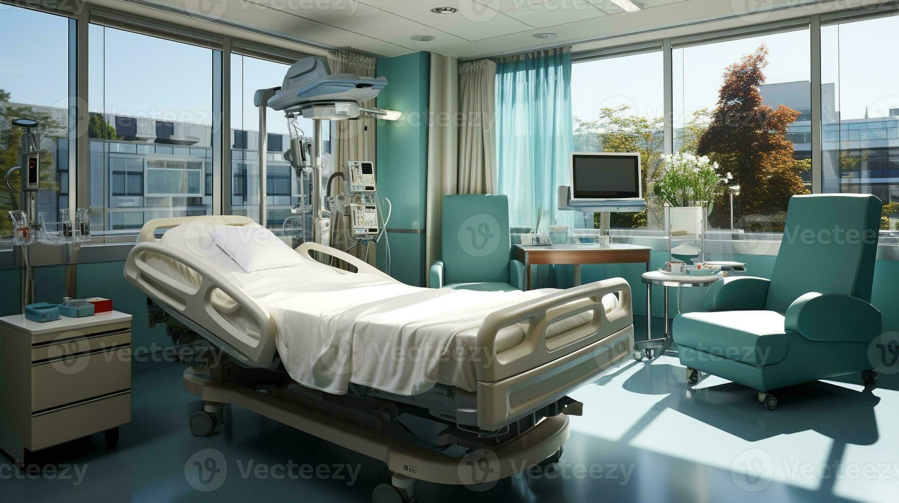 Generative AI, Recovery room with comfortable bed, medical interior, empty hospital room. photo