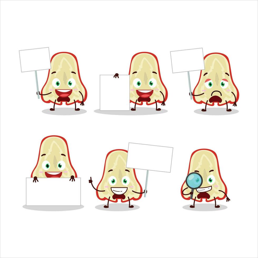 Slice of watter apple cartoon character bring information board vector