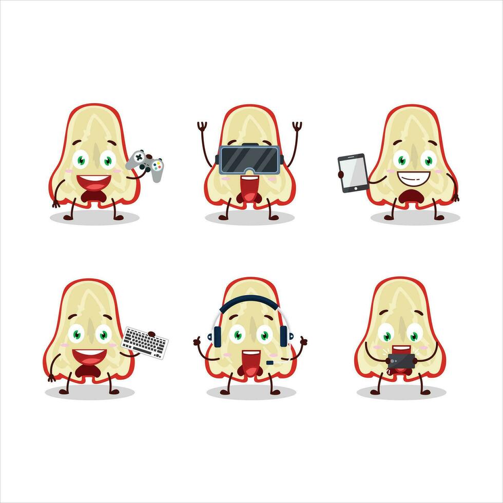 Slice of watter apple cartoon character are playing games with various cute emoticons vector