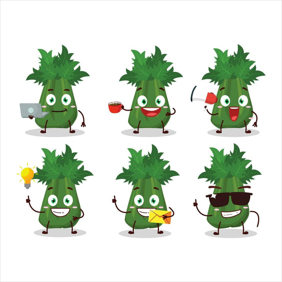 Celery cartoon character with various types of business emoticons vector