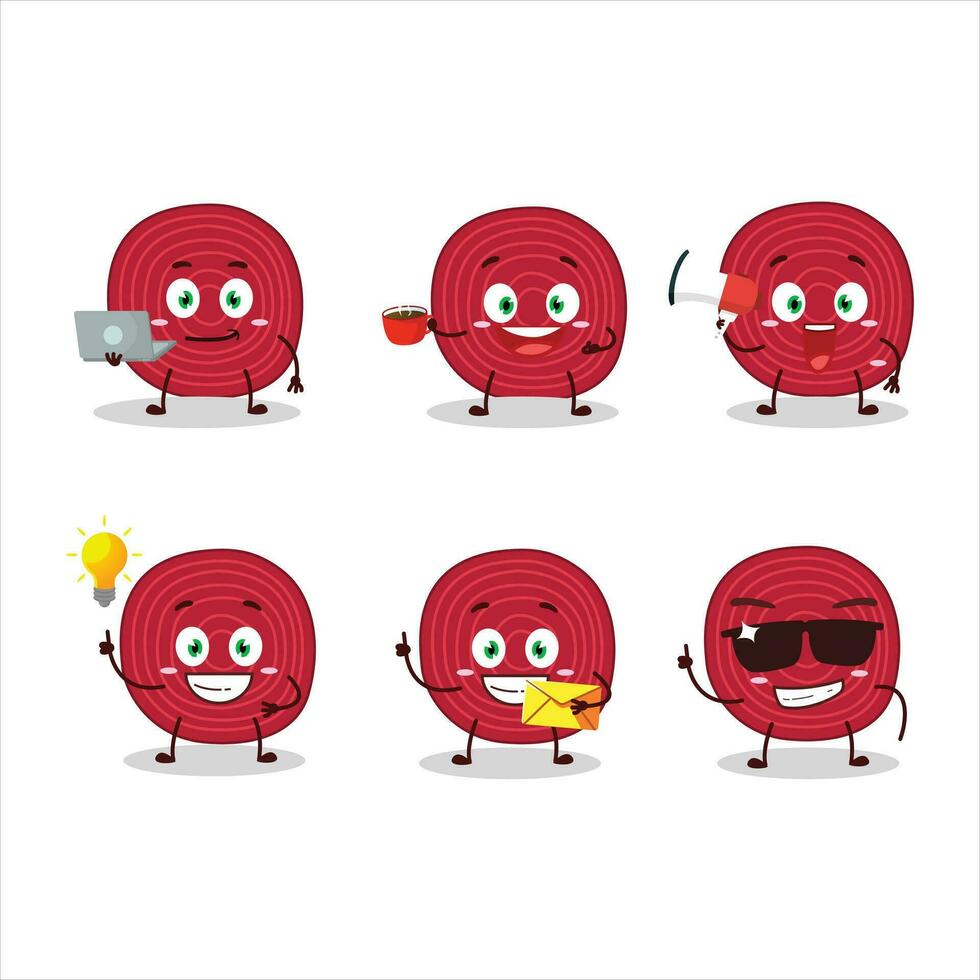 Slice of beet cartoon character with various types of business emoticons vector