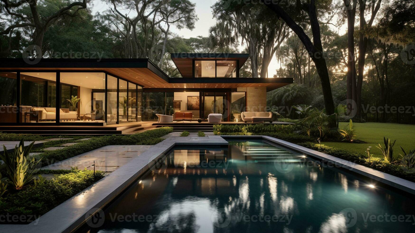 generativo ai, ver de nadando piscina en frente de un moderno lujo casa iluminado en el noche foto