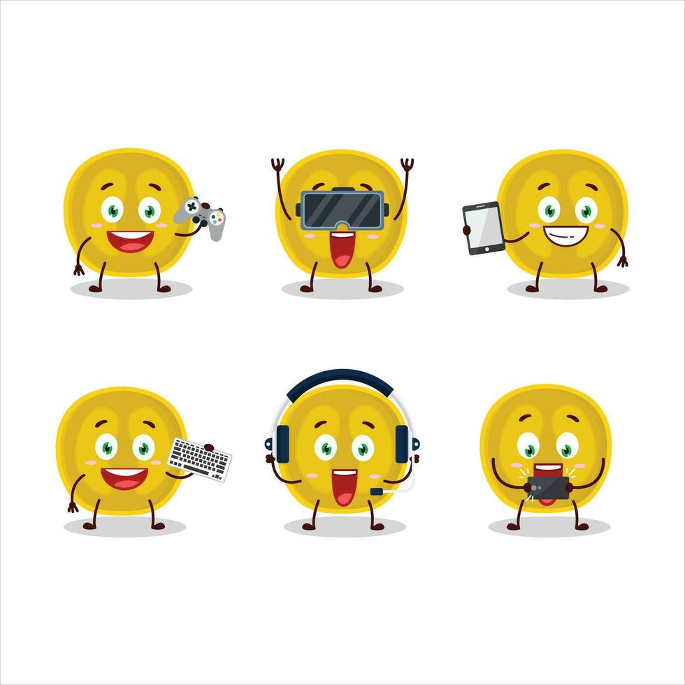 Slice of nance cartoon character are playing games with various cute emoticons vector