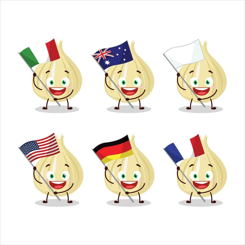 New garlic cartoon character bring the flags of various countries vector