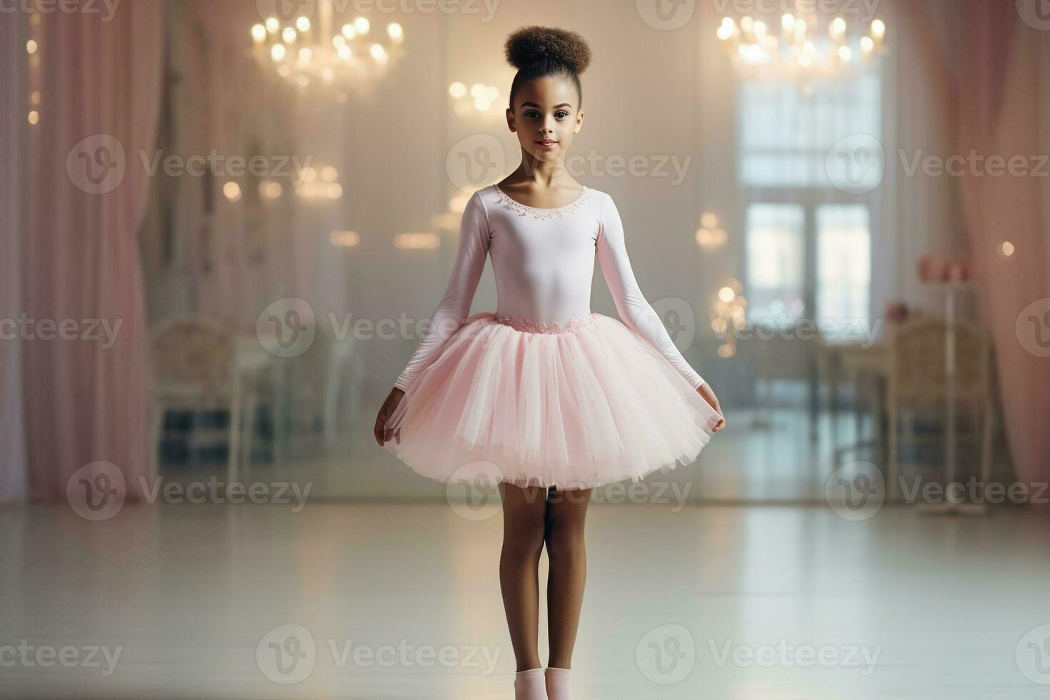Proud african american little girl on ballet wearing a pink tutu skirt children standing in ballet. AI Generated photo