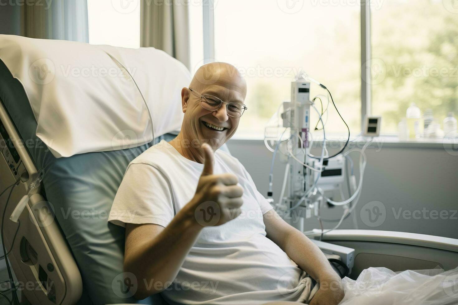 Bald mature man smiling in cancer hospital bed . AI Generated photo