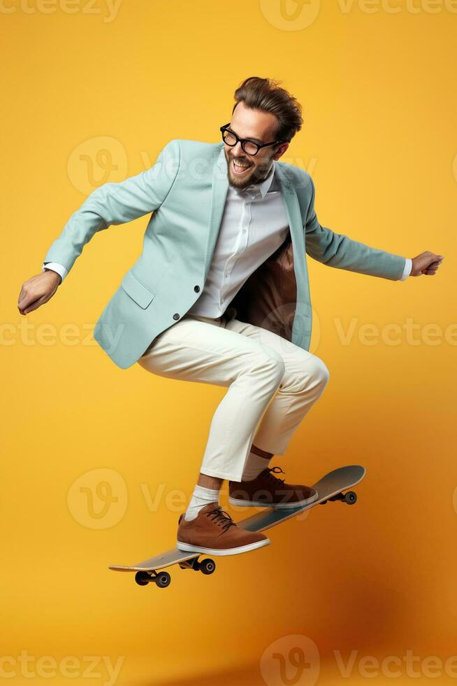 Young handsome funny man with glasses, brown hair and beard, wearing light grey suit and sneakers, jumping with the skateboard on color studio background. AI Generated photo