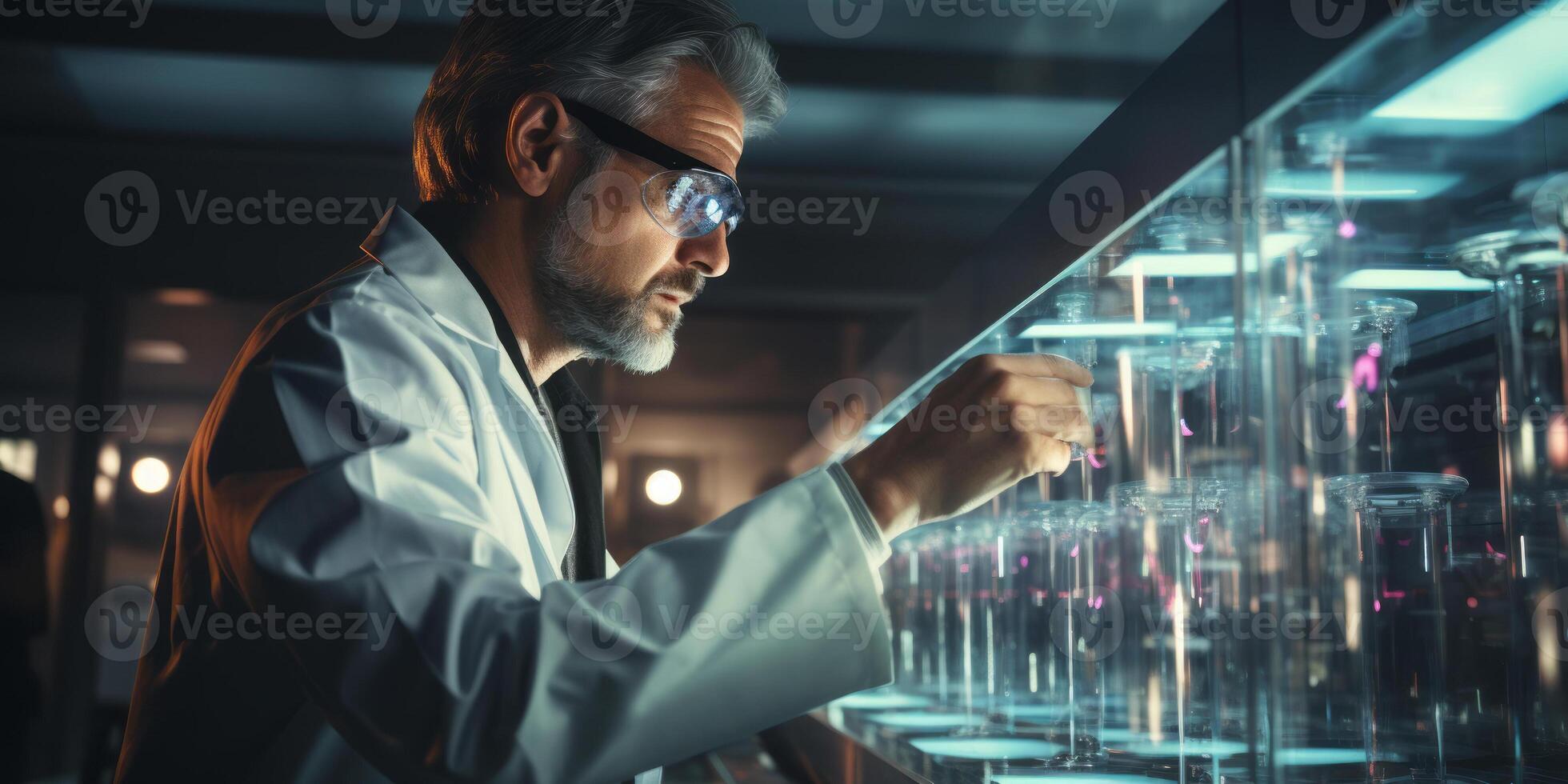 Medical technology. Health care, Medicine doctor using virtual reality headset with robots to research and testing result of patients on virtual interface, VR, innovation photo