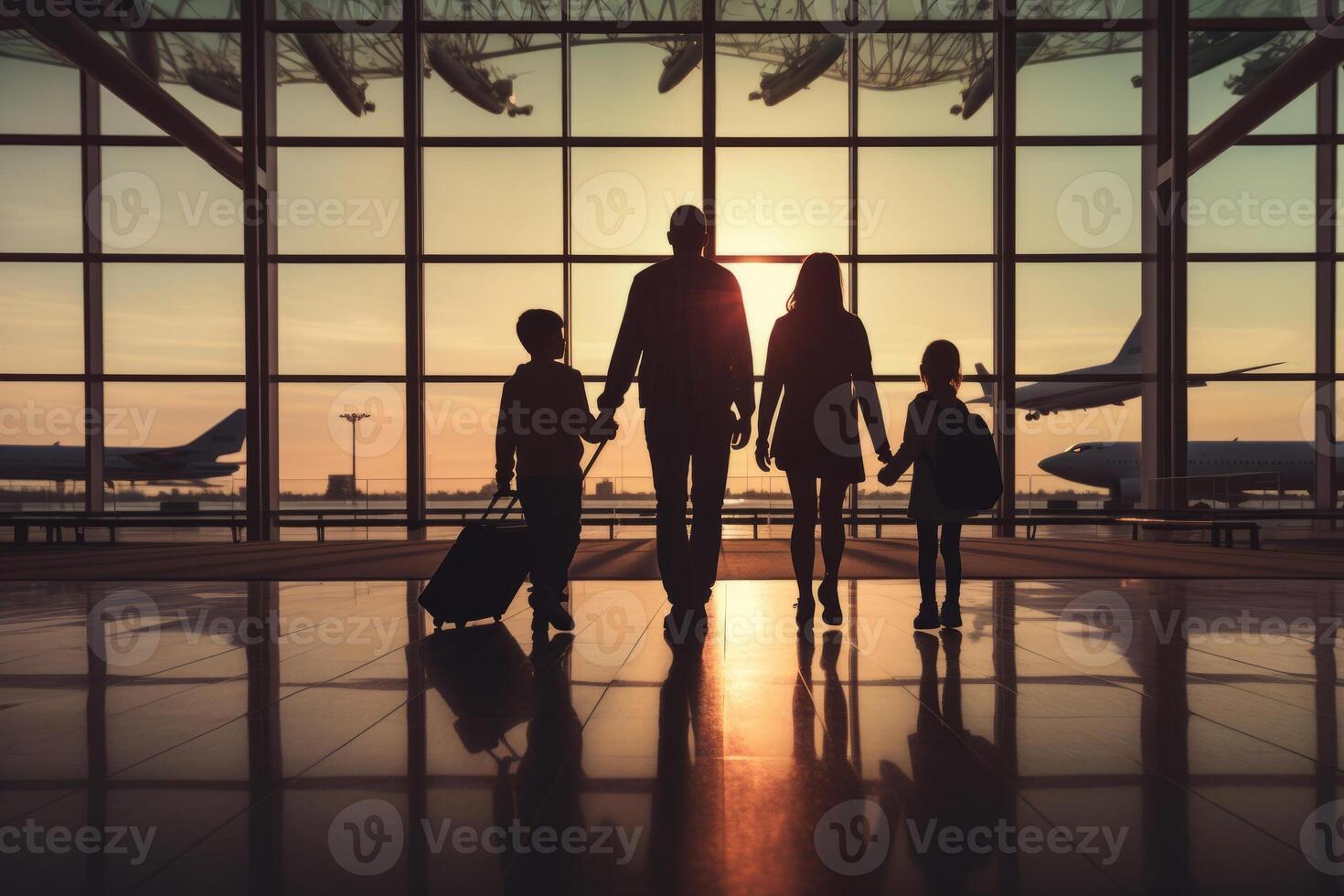 Family travel, showcasing silhouette figures of family members inside an airport terminal. photo