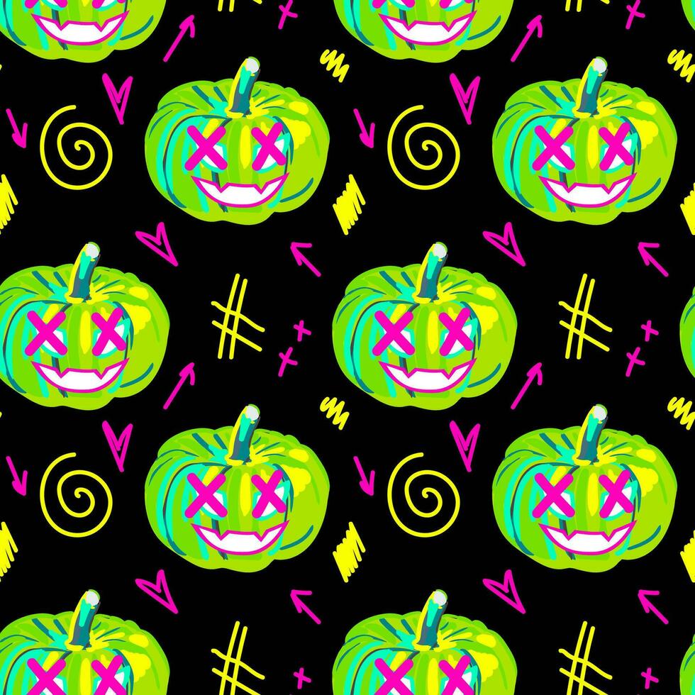 Halloween neon seamless pumpkin pattern. Ideal for creating seamless designs and illustrations for various projects like textiles, paper crafts, and more. Vector. vector