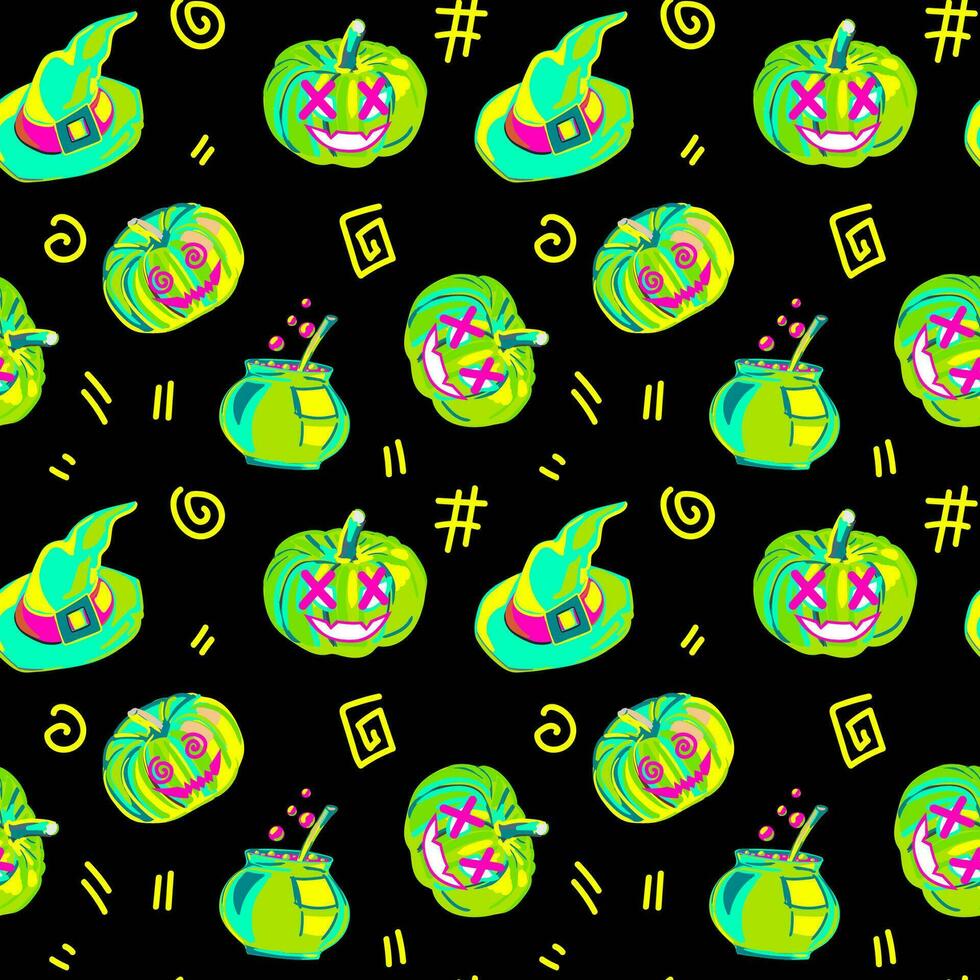 Halloween neon seamless pumpkin pattern. Ideal for creating seamless designs and illustrations for various projects like textiles, paper crafts, and more. Vector. vector