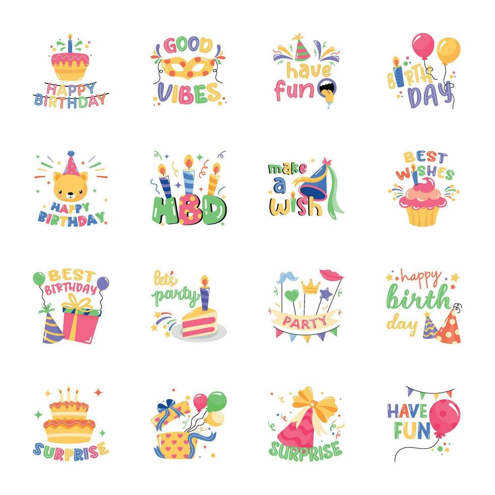 Pack of Happy Birthday Flat Stickers vector