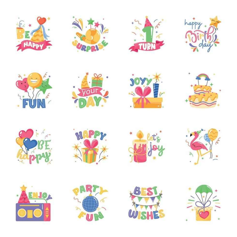 Set of Birthday Typography Flat Stickers vector